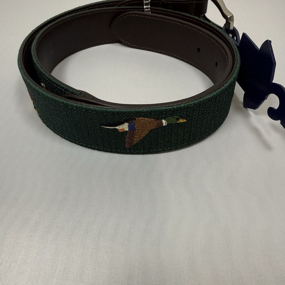 Original Penguin Needlepoint Belt Sz 32 Mallard Duck Canvas Leather Green NWT